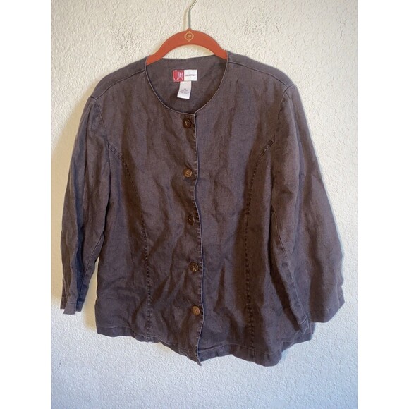 JM Collection Linen Button shirt long sleeve boho hippie 10 lagen cottage brown - Picture 1 of 10